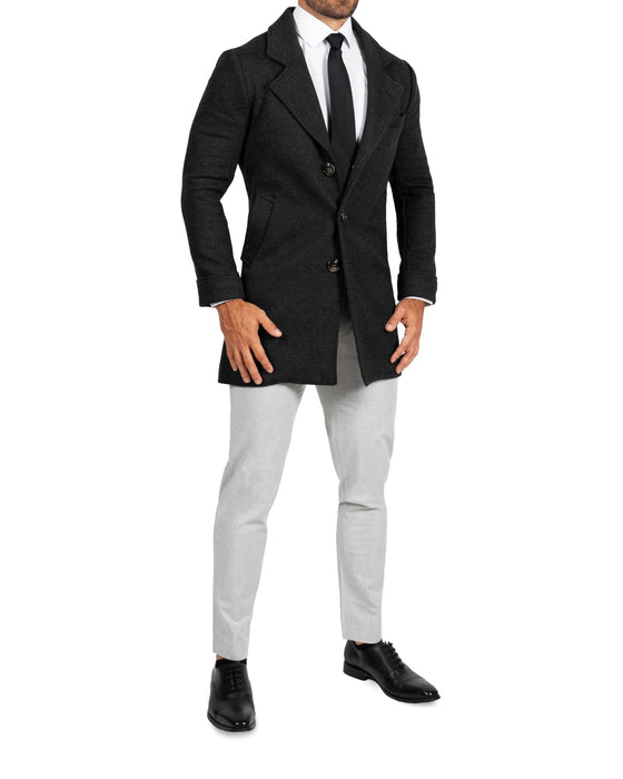 3 Button Overcoat - Charcoal Herringbone