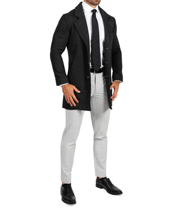 3 Button Overcoat - Charcoal Herringbone