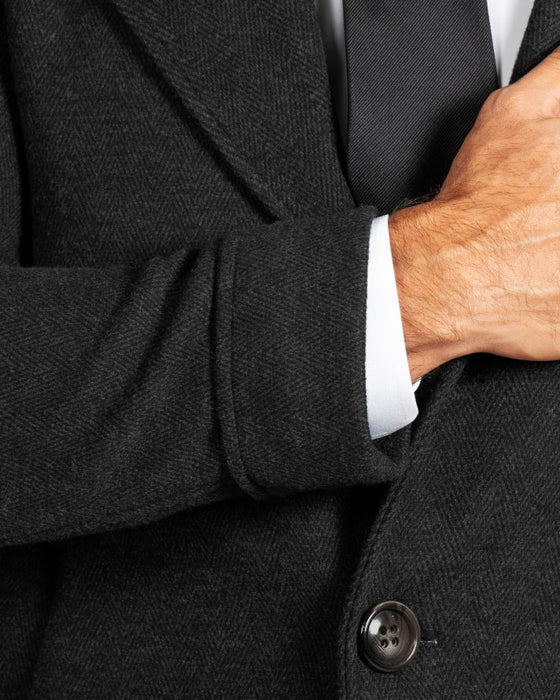 3 Button Overcoat - Charcoal Herringbone