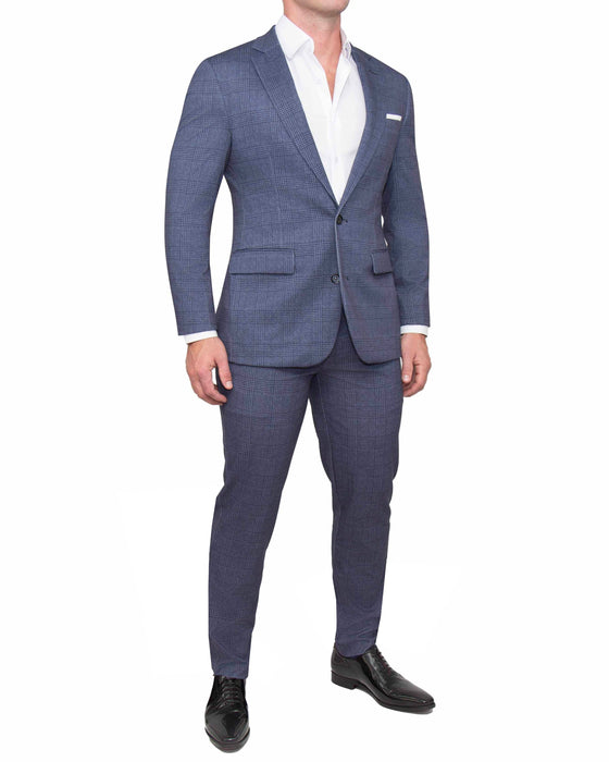 Athletic Fit Stretch Suit Pants - Storm Blue & Navy Plaid
