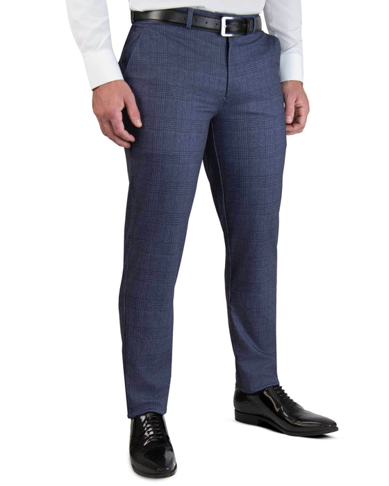 Athletic Fit Stretch Suit Pants - Storm Blue & Navy Plaid