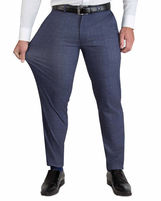 Athletic Fit Stretch Suit Pants - Storm Blue & Navy Plaid