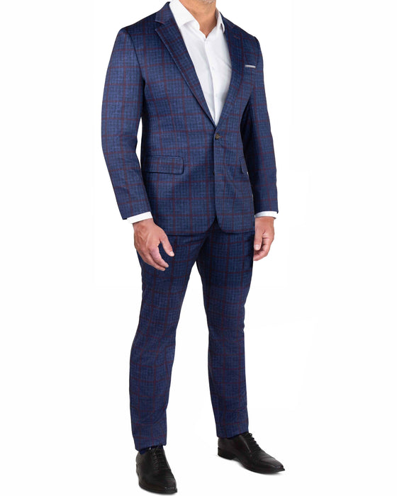 Athletic Fit Stretch Blazer - Navy & Maroon Windowpane