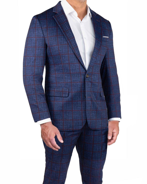 Athletic Fit Stretch Suit - Navy & Maroon Windowpane