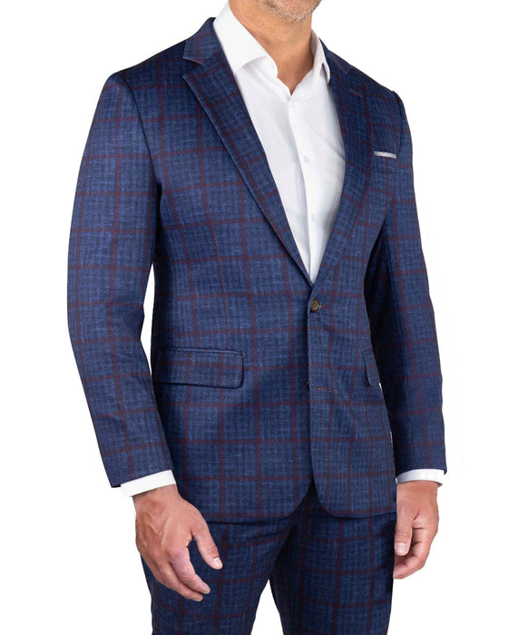 Athletic Fit Stretch Blazer - Navy & Maroon Windowpane