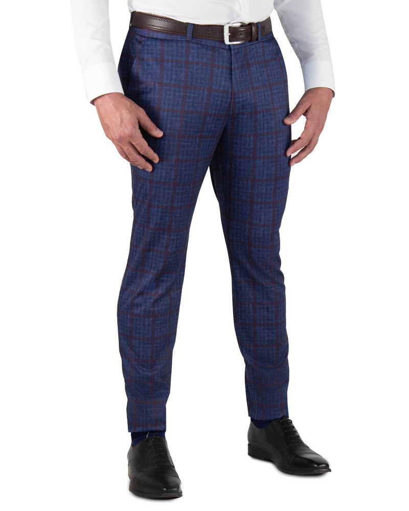 Athletic Fit Stretch Suit Pants - Navy & Maroon Windowpane