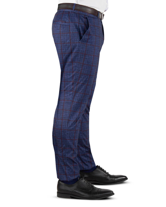 Athletic Fit Stretch Suit Pants - Navy & Maroon Windowpane