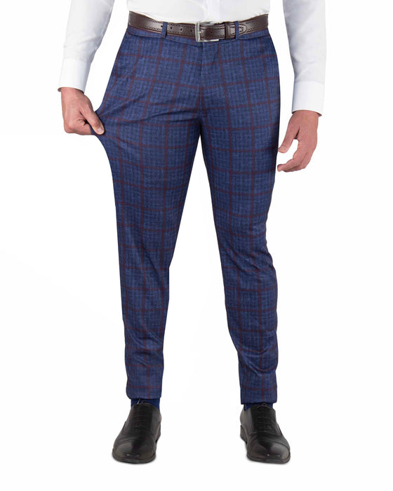 Athletic Fit Stretch Suit Pants - Navy & Maroon Windowpane
