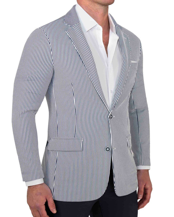 Athletic Fit Stretch Blazer - Navy & White Seersucker