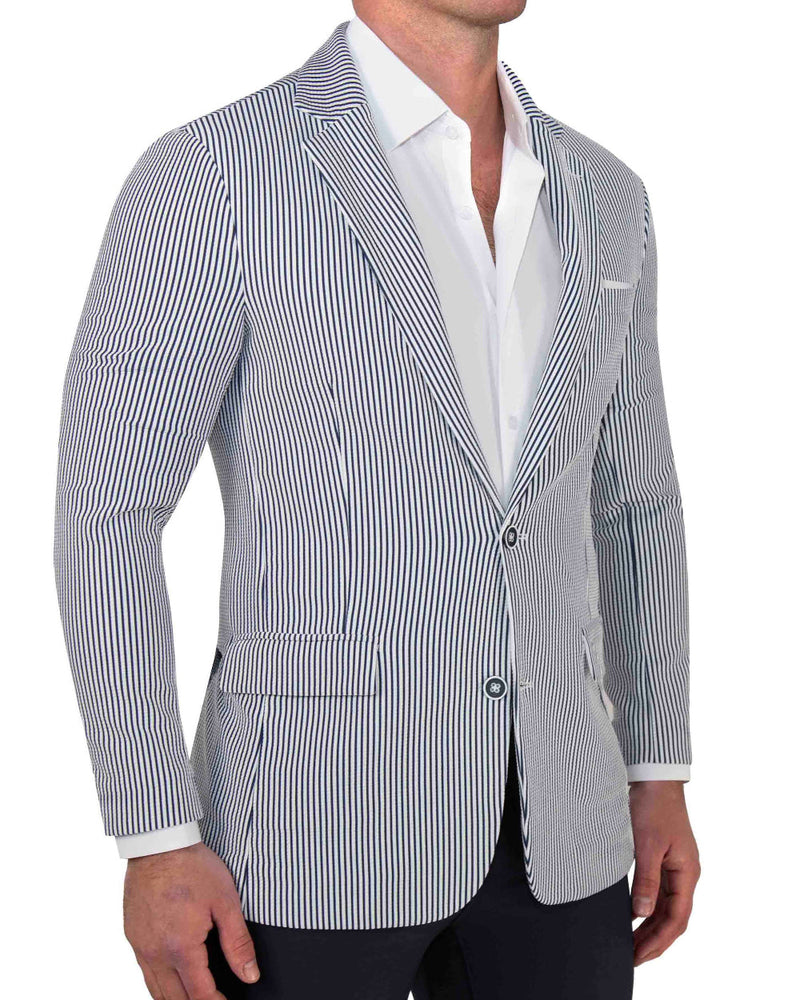 Athletic Fit Stretch Blazer - Navy & White Seersucker