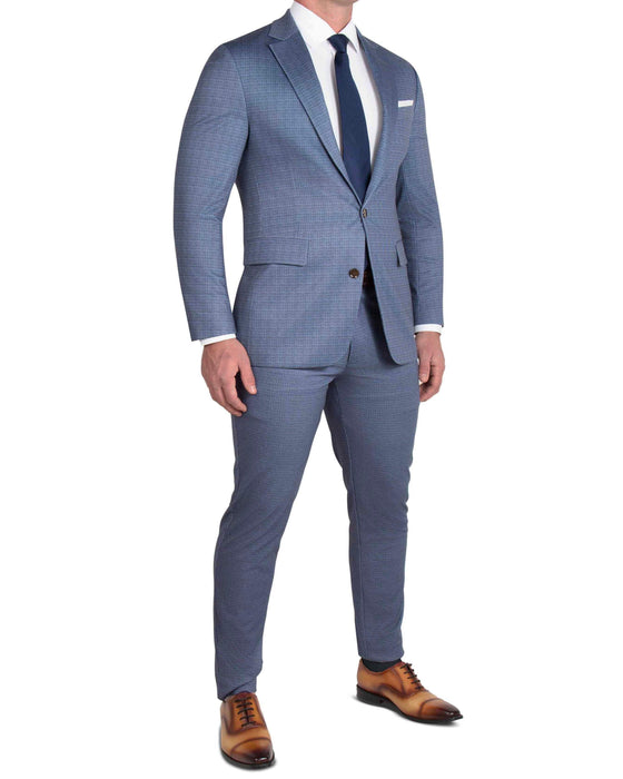 Athletic Fit Stretch Blazer - Blue Mini Windowpane with Light Grey Microcheck