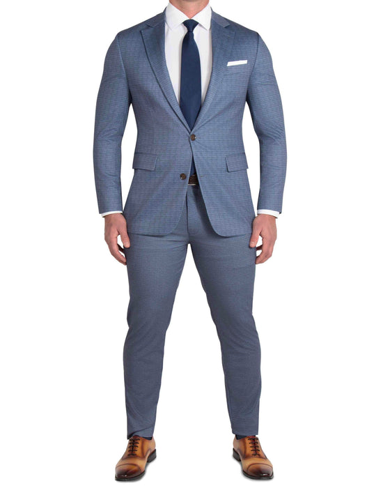 Athletic Fit Stretch Suit - Blue Mini Windowpane with Light Grey Microcheck
