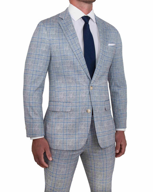 Athletic Fit Stretch Suit - Grey & Royal Blue Plaid