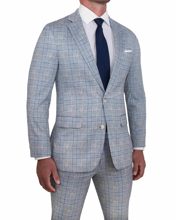 Athletic Fit Stretch Suit - Grey & Royal Blue Plaid