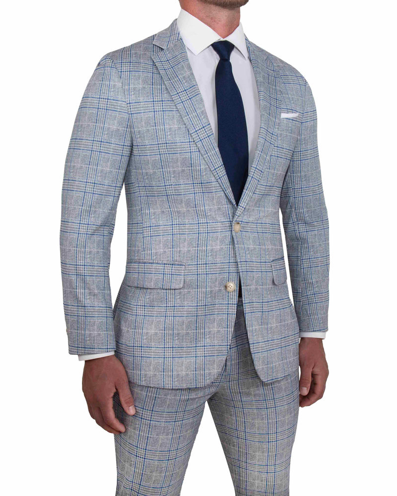 Athletic Fit Stretch Suit - Grey & Royal Blue Plaid