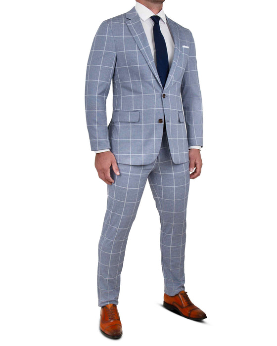 Athletic Fit Stretch Suit - Textured Light Blue with White Windowpane