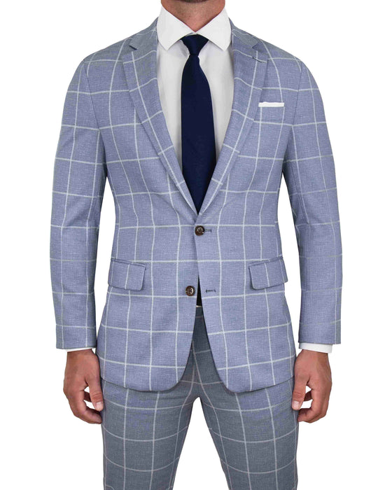 Athletic Fit Stretch Suit - Textured Light Blue with White Windowpane