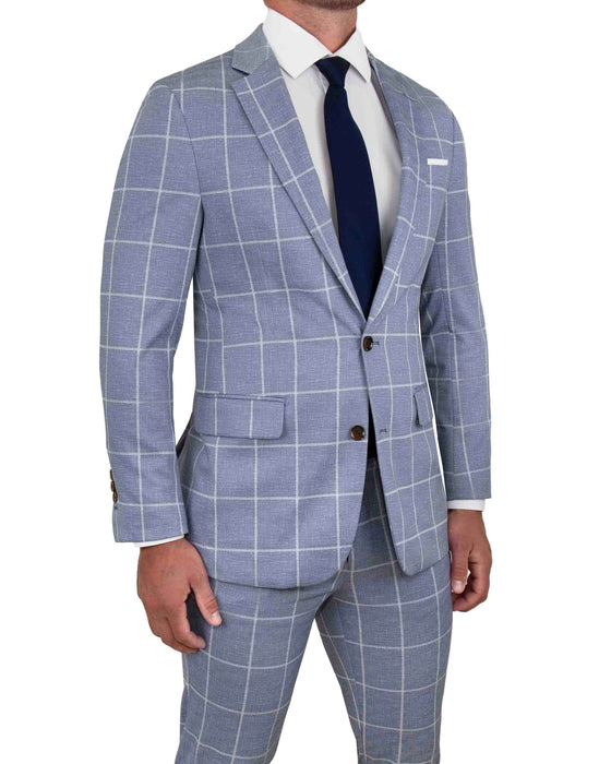 Athletic Fit Stretch Suit - Textured Light Blue with White Windowpane