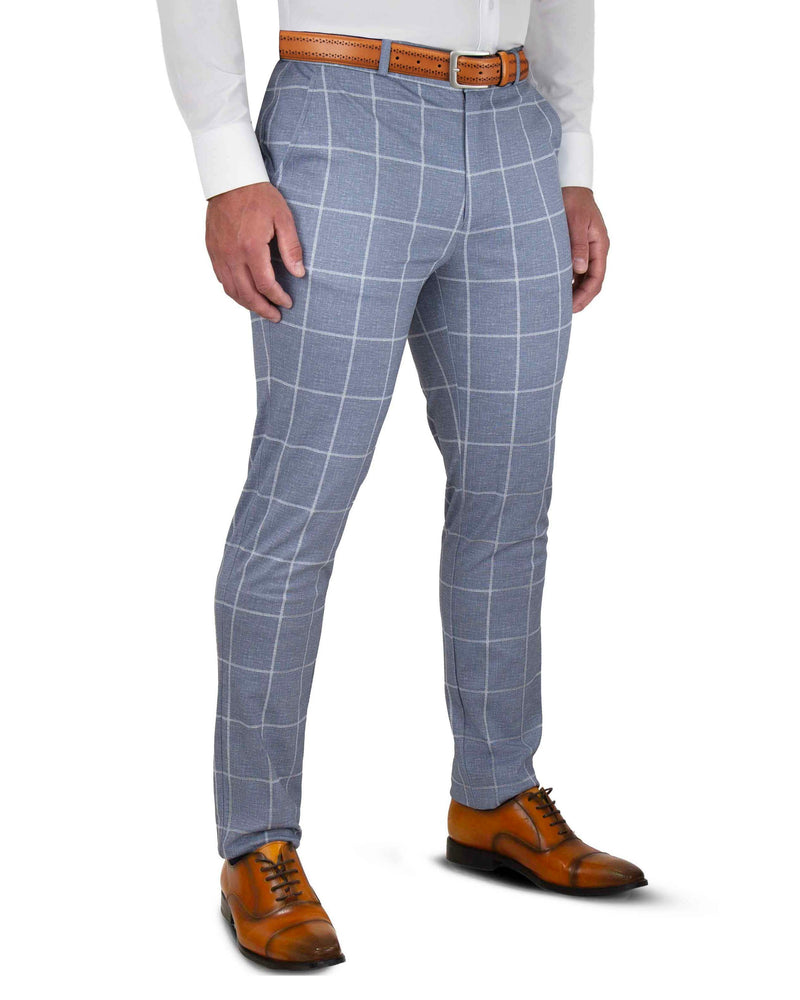 Athletic Fit Stretch Suit Pants - Textured Light Blue with White Windowpane