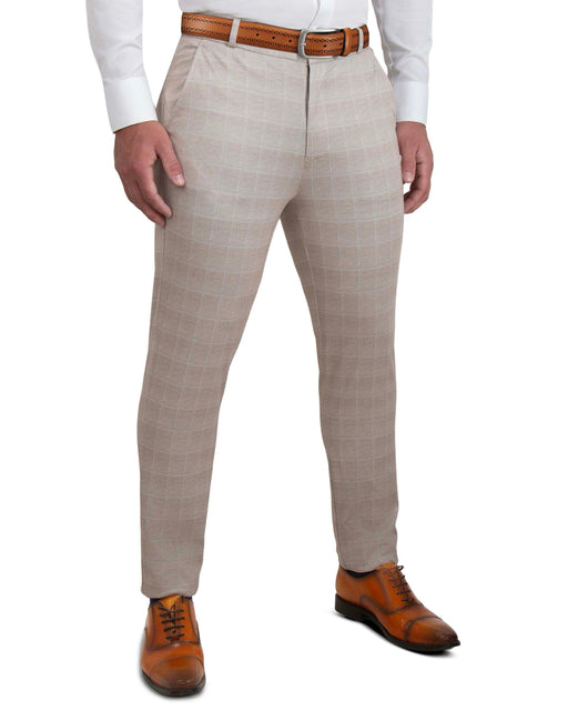 Athletic Fit Stretch Suit Pants - Tan & White Windowpane