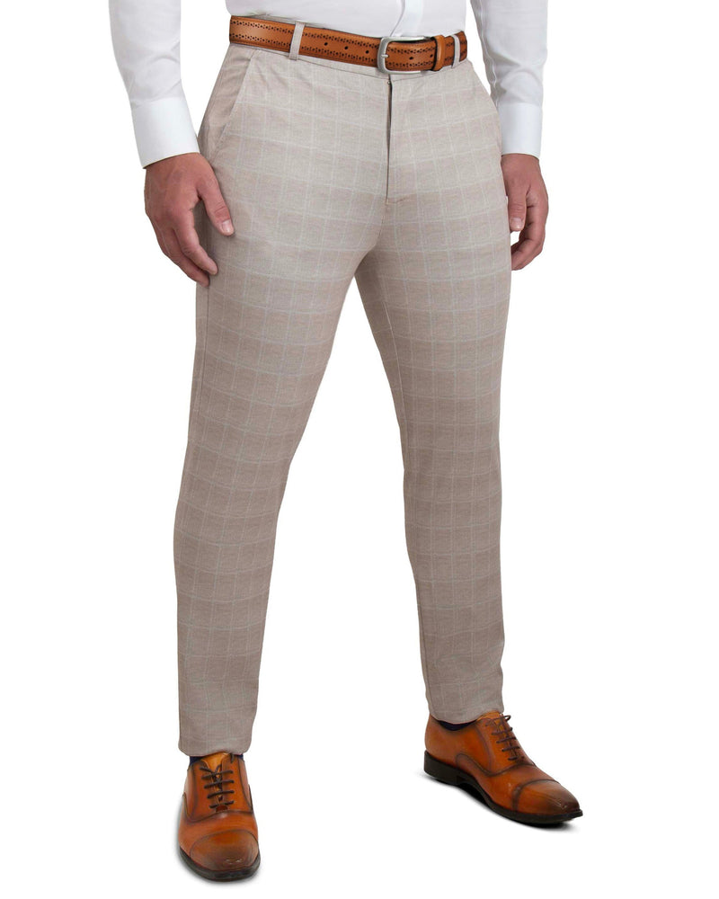 Athletic Fit Stretch Suit Pants - Tan & White Windowpane