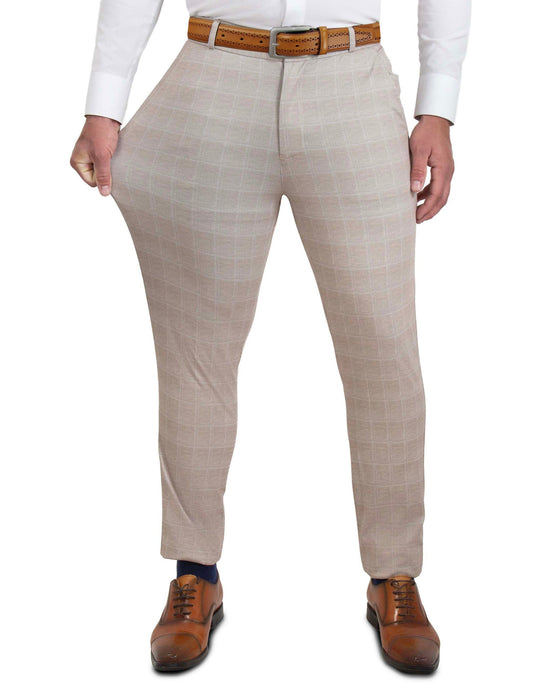 Athletic Fit Stretch Suit Pants - Tan & White Windowpane