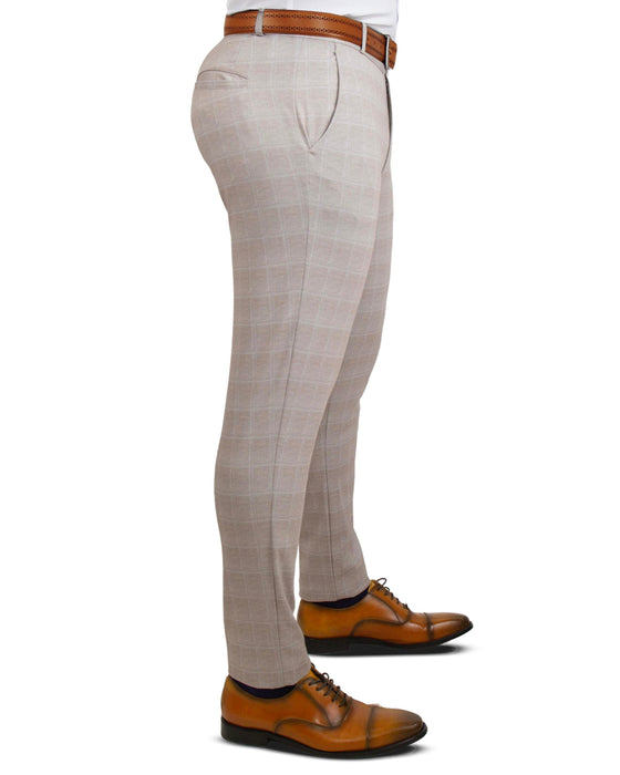 Athletic Fit Stretch Suit Pants - Tan & White Windowpane