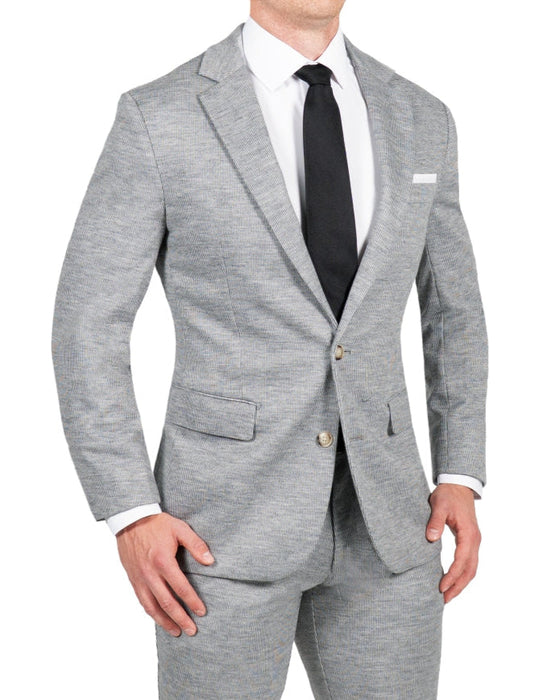 Athletic Fit Stretch Wool Suit Pants - Light Grey with White Mini Stripe