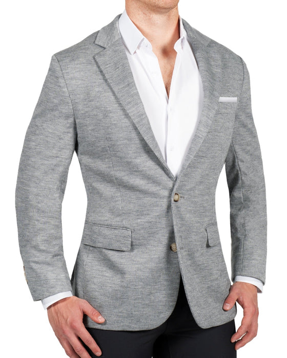 Athletic Fit Stretch Wool Blazer - Light Grey with White Mini Stripe