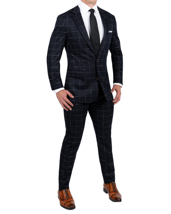 Athletic Fit Stretch Wool Suit Pants - Midnight Navy & Chalk Windowpane
