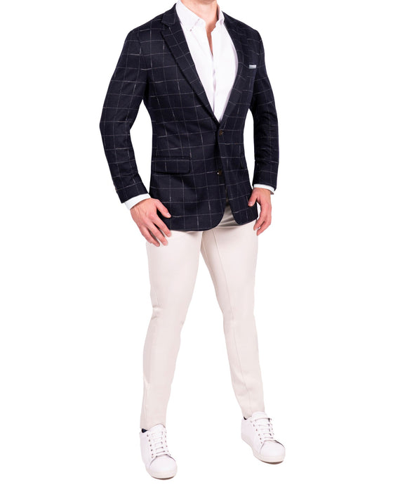 Athletic Fit Stretch Wool Blazer - Midnight Navy & Chalk Windowpane