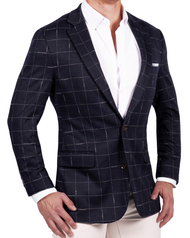 Athletic Fit Stretch Wool Blazer - Midnight Navy & Chalk Windowpane