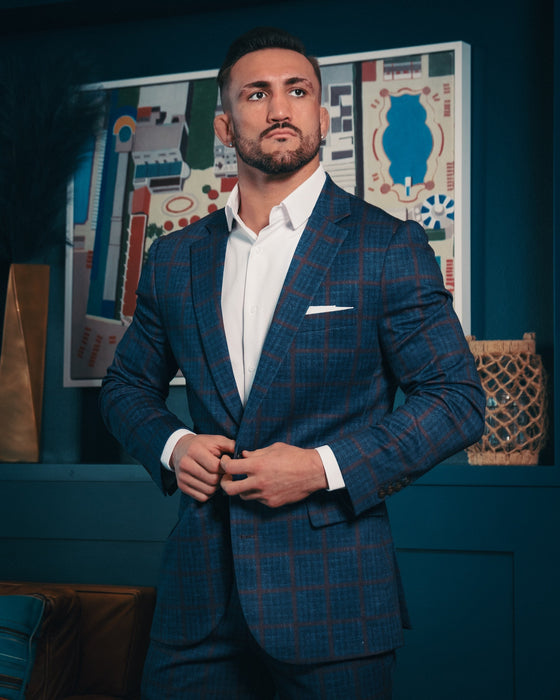 Athletic Fit Stretch Blazer - Navy & Maroon Windowpane