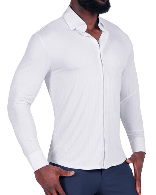 "The Diesel" Sport Shirt - White with Light Lilac Double Stripe