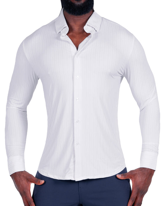 "The Diesel" Sport Shirt - White with Light Lilac Double Stripe