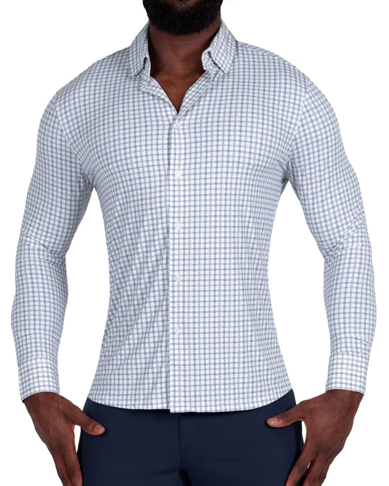 "The Dime" Sport Shirt - White, Grey & Light Blue Windowpane