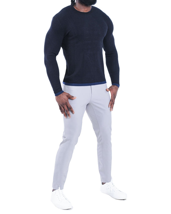 Lightweight Ribbed Knit Crewneck Sweater - Navy & Black