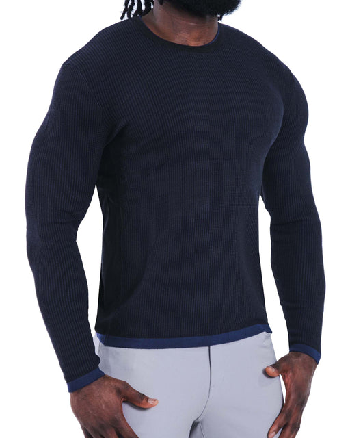 Lightweight Ribbed Knit Crewneck Sweater - Navy & Black