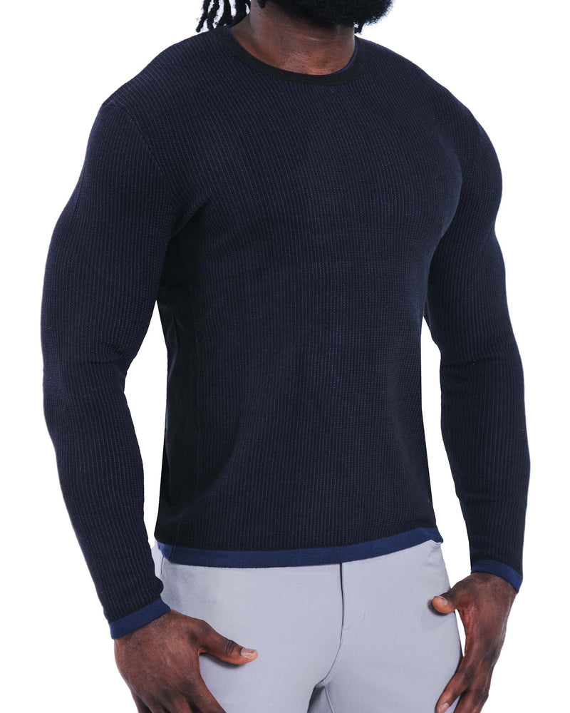 Lightweight Ribbed Knit Crewneck Sweater - Navy & Black