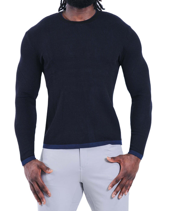 Lightweight Ribbed Knit Crewneck Sweater - Navy & Black