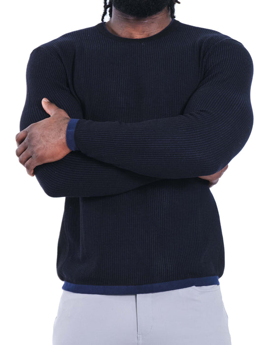 Lightweight Ribbed Knit Crewneck Sweater - Navy & Black