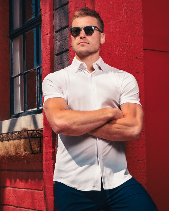 "The Kendric" White Pique Short Sleeve Button Down