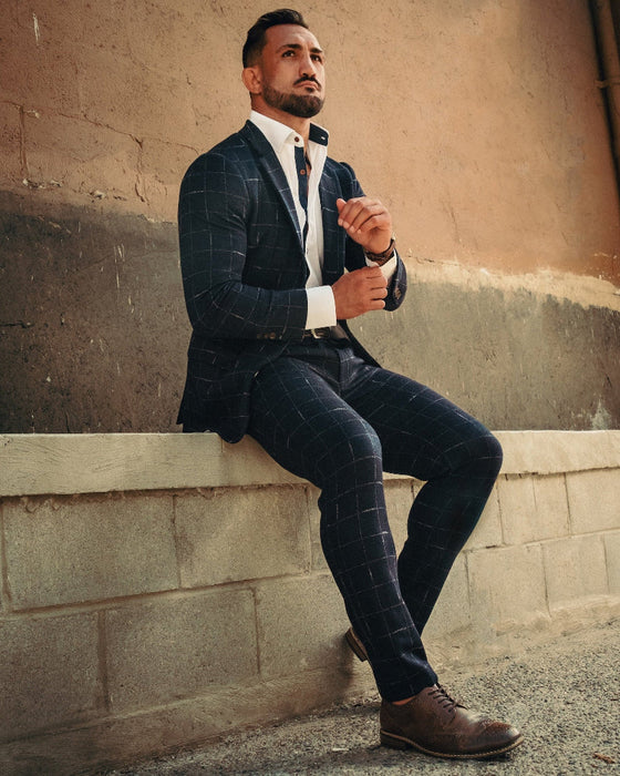 Athletic Fit Stretch Wool Blazer - Midnight Navy & Chalk Windowpane