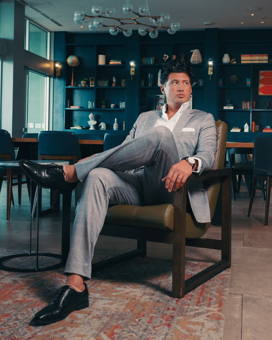 Athletic Fit Stretch Suit - Light Grey & White Windowpane