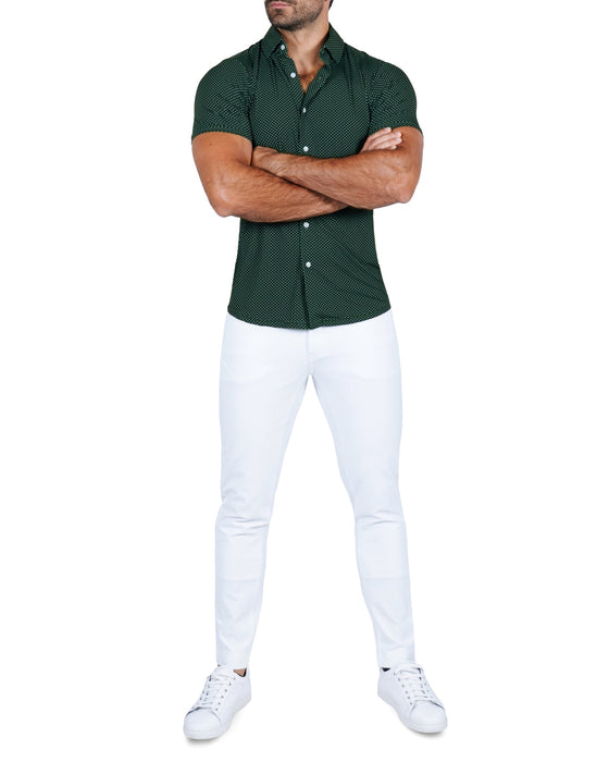 "The Palm" Green with White Mini Dot Print