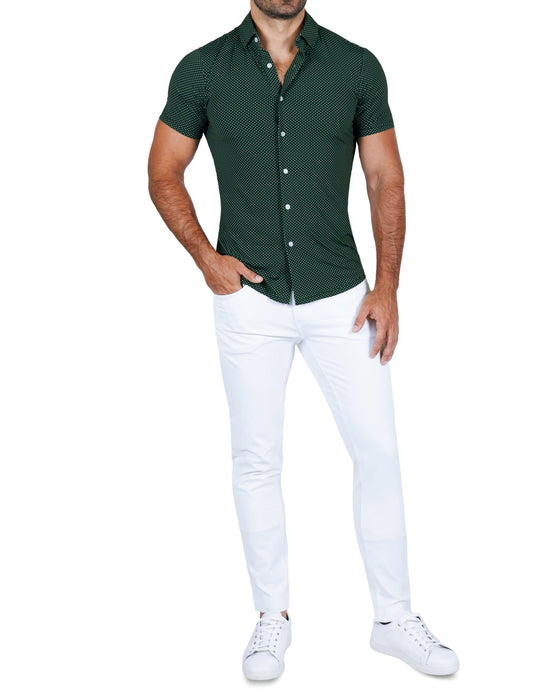 "The Palm" Green with White Mini Dot Print