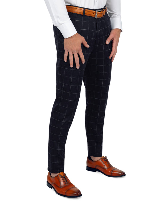 Athletic Fit Stretch Wool Suit Pants - Midnight Navy & Chalk Windowpane