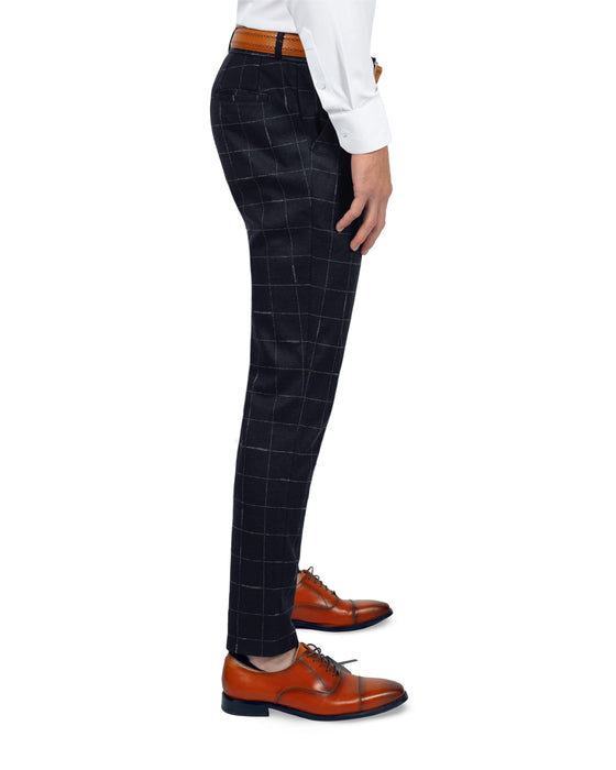 Athletic Fit Stretch Wool Suit Pants - Midnight Navy & Chalk Windowpane