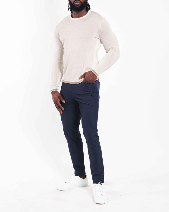 Lightweight Ribbed Knit Crewneck Sweater - Tan & Beige