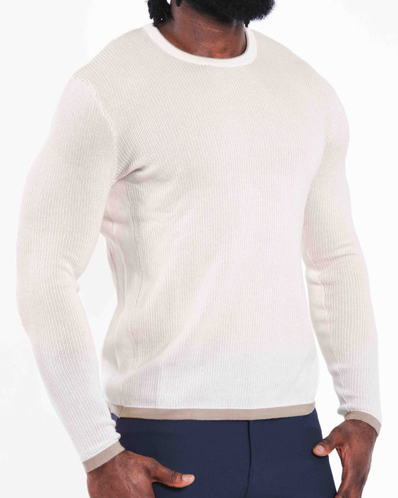 Lightweight Ribbed Knit Crewneck Sweater - Tan & Beige